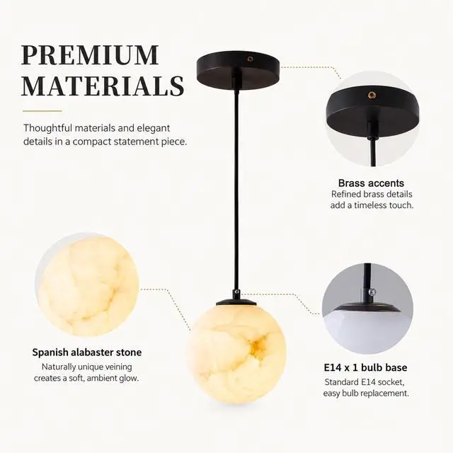 Alt view image 5 of 7 - Alabaster Pendant Lights, Natural Marble Modern Pendant Light Fixture 5.9" White Globe Chandelier Adjustable Height Ceiling Hanging Light for Kitchen Island Bedroom Living Room Hallway