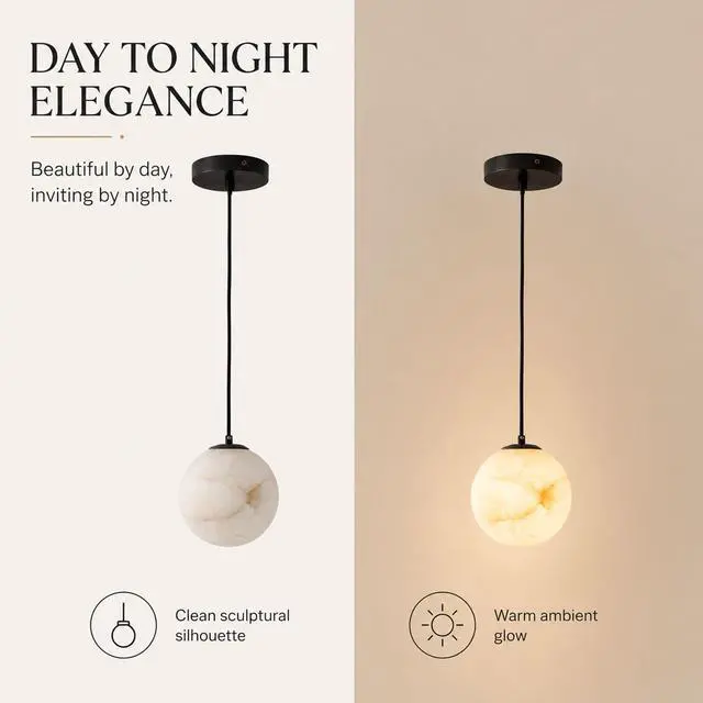 Alt view image 6 of 7 - Alabaster Pendant Lights, Natural Marble Modern Pendant Light Fixture 5.9" White Globe Chandelier Adjustable Height Ceiling Hanging Light for Kitchen Island Bedroom Living Room Hallway