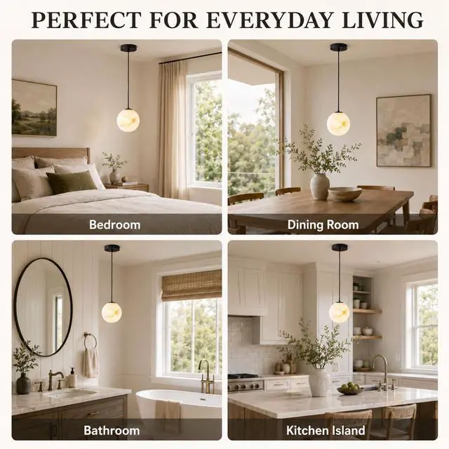 Alt view image 7 of 7 - Alabaster Pendant Lights, Natural Marble Modern Pendant Light Fixture 5.9" White Globe Chandelier Adjustable Height Ceiling Hanging Light for Kitchen Island Bedroom Living Room Hallway