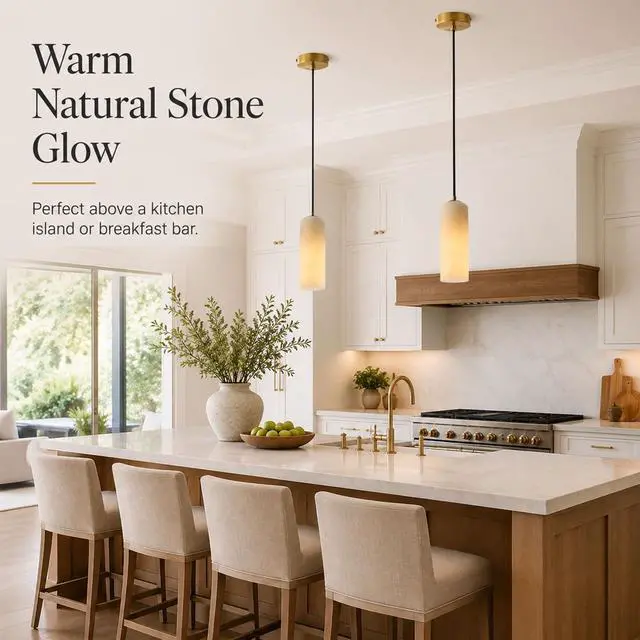 Alt view image 2 of 7 - Single Head Marble Pendant Lights, Modern LED Pendant Lamps, Natural Marble Cylinder Hanging Light Fixtures for Kitchen Island Bedroom Dining Room Table Living Room Hallway