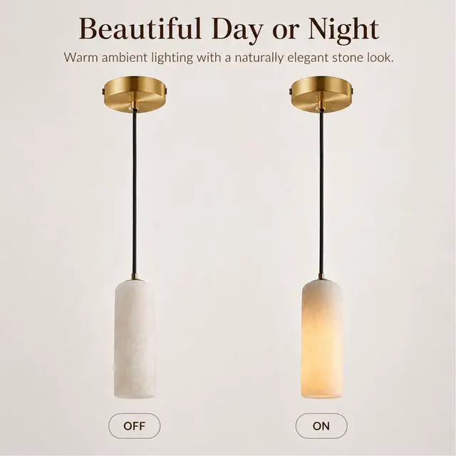 Alt view image 5 of 7 - Single Head Marble Pendant Lights, Modern LED Pendant Lamps, Natural Marble Cylinder Hanging Light Fixtures for Kitchen Island Bedroom Dining Room Table Living Room Hallway