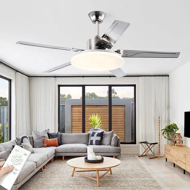 Alt view image 2 of 7 - 52 inch Stainless steel Ceiling Fans with Lights Industrial Ceiling Fan with Lights and Remote, 3CCT, Quiet Reversible DC Motor, 6 Speeds, Timer, Ceiling Fan for Bedroom, Indoor/Outdoor Use