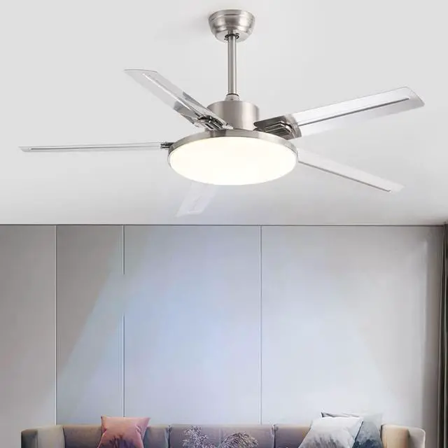 Alt view image 2 of 7 - 52 Inch with Remote Ceiling Fan with Lights Modern Stainless Steel 5-Blade Ceiling Fan Light Mute Dimmable Ceiling Fan for Bedroom Ceiling-Mounted Outdoor Ceiling Fans