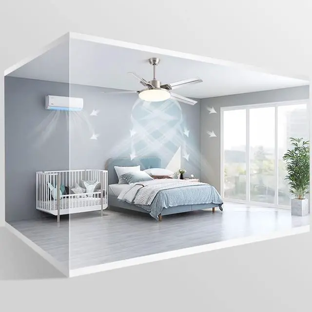 Alt view image 4 of 7 - 52 Inch with Remote Ceiling Fan with Lights Modern Stainless Steel 5-Blade Ceiling Fan Light Mute Dimmable Ceiling Fan for Bedroom Ceiling-Mounted Outdoor Ceiling Fans