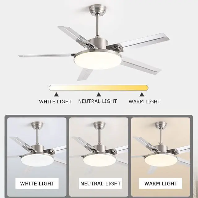 Alt view image 6 of 7 - 52 Inch with Remote Ceiling Fan with Lights Modern Stainless Steel 5-Blade Ceiling Fan Light Mute Dimmable Ceiling Fan for Bedroom Ceiling-Mounted Outdoor Ceiling Fans