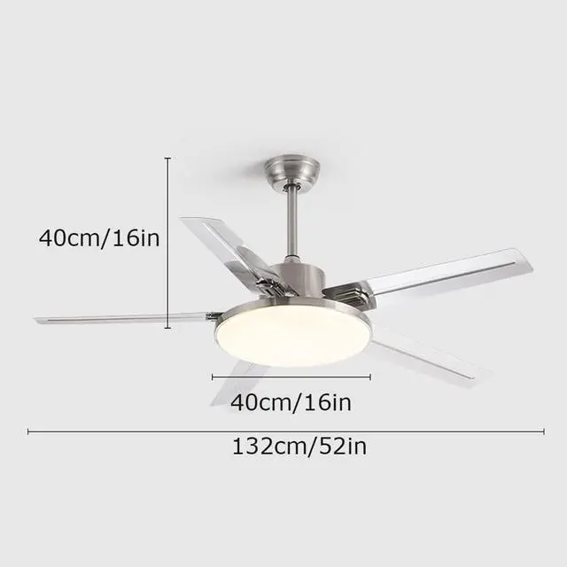 Alt view image 7 of 7 - 52 Inch with Remote Ceiling Fan with Lights Modern Stainless Steel 5-Blade Ceiling Fan Light Mute Dimmable Ceiling Fan for Bedroom Ceiling-Mounted Outdoor Ceiling Fans