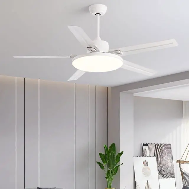 Alt view image 2 of 7 - 52 Inch with Remote Ceiling Fan with Lights Modern Stainless Steel 5-Blade Ceiling Fan Light Mute Dimmable Ceiling Fan for Bedroom Ceiling-Mounted Outdoor Ceiling Fans