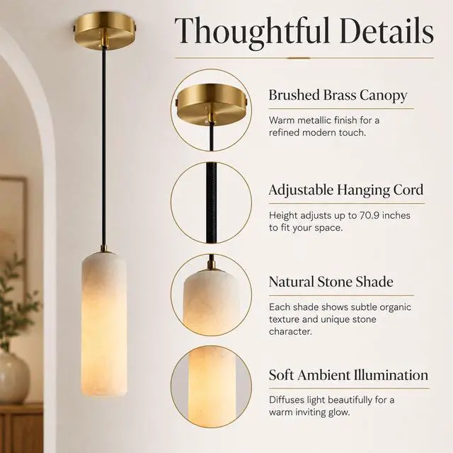 Alt view image 7 of 7 - Single Head Marble Pendant Lights, Modern LED Pendant Lamps, Natural Marble Cylinder Hanging Light Fixtures for Kitchen Island Bedroom Dining Room Table Living Room Hallway