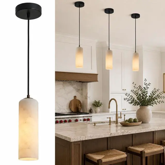 Main image of Single Head Marble Pendant Lights, Modern LED Pendant Lamps, Natural Marble Cylinder Hanging Light Fixtures for Kitchen Island Bedroom Dining Room Table Living Room Hallway