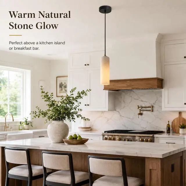 Alt view image 2 of 7 - Single Head Marble Pendant Lights, Modern LED Pendant Lamps, Natural Marble Cylinder Hanging Light Fixtures for Kitchen Island Bedroom Dining Room Table Living Room Hallway
