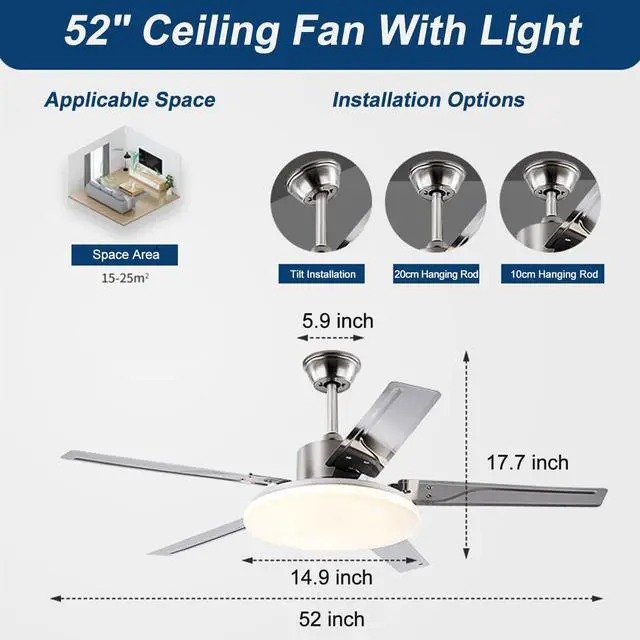 Alt view image 3 of 7 - 52 inch Stainless steel Ceiling Fans with Lights Industrial Ceiling Fan with Lights and Remote, 3CCT, Quiet Reversible DC Motor, 6 Speeds, Timer, Ceiling Fan for Bedroom, Indoor/Outdoor Use