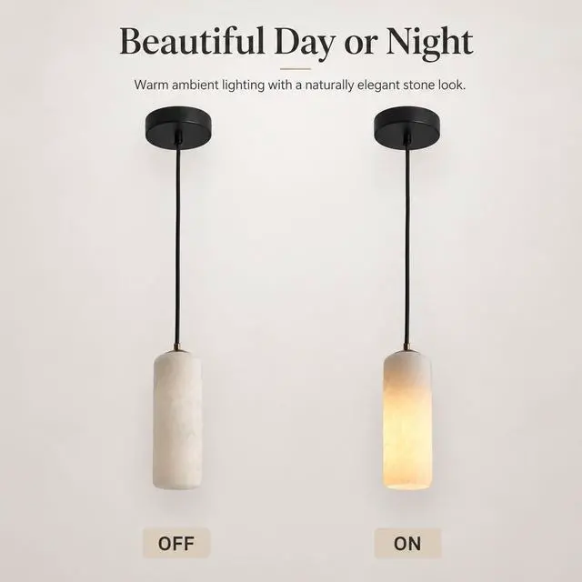 Alt view image 5 of 7 - Single Head Marble Pendant Lights, Modern LED Pendant Lamps, Natural Marble Cylinder Hanging Light Fixtures for Kitchen Island Bedroom Dining Room Table Living Room Hallway