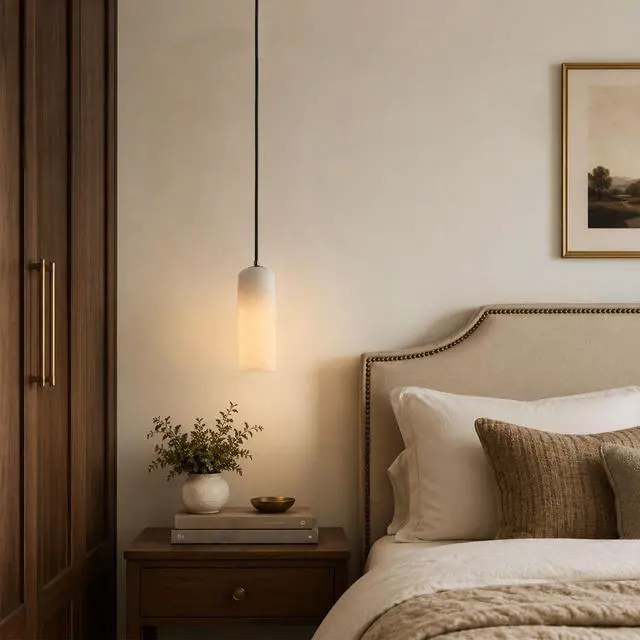 Alt view image 6 of 7 - Single Head Marble Pendant Lights, Modern LED Pendant Lamps, Natural Marble Cylinder Hanging Light Fixtures for Kitchen Island Bedroom Dining Room Table Living Room Hallway