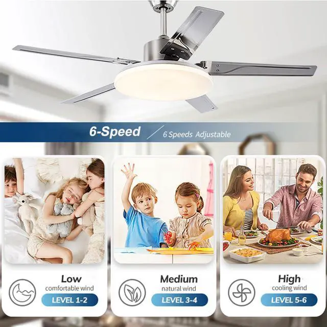 Alt view image 5 of 7 - 52 inch Stainless steel Ceiling Fans with Lights Industrial Ceiling Fan with Lights and Remote, 3CCT, Quiet Reversible DC Motor, 6 Speeds, Timer, Ceiling Fan for Bedroom, Indoor/Outdoor Use