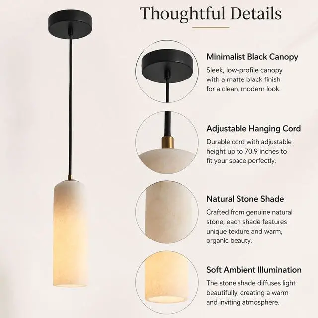 Alt view image 7 of 7 - Single Head Marble Pendant Lights, Modern LED Pendant Lamps, Natural Marble Cylinder Hanging Light Fixtures for Kitchen Island Bedroom Dining Room Table Living Room Hallway