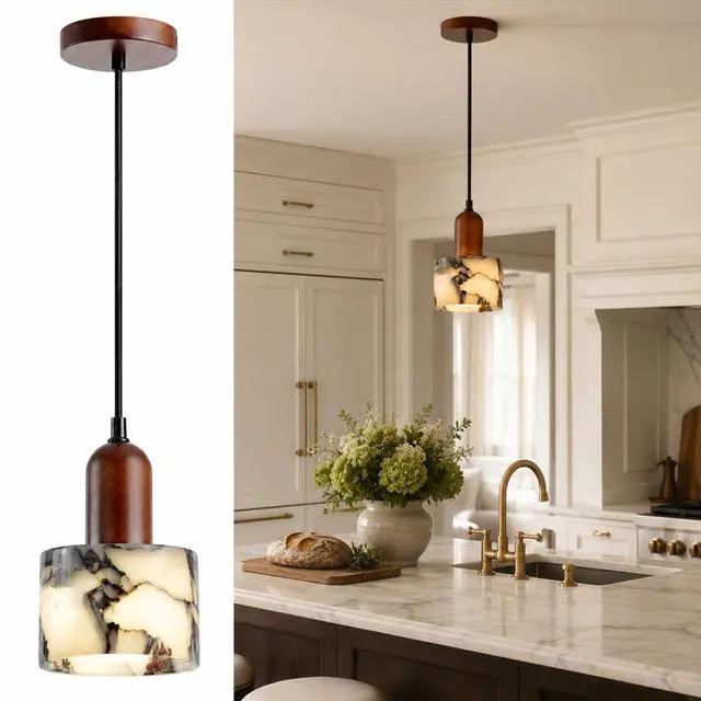 Main image of Natural Marble Pendant Lights, Modern E26 Kitchen Island Pendant Light with Walnut Finish Adjustable Height Marble Ceiling Light Fixtures for Bedroom Bathroom Dining Room Living Room