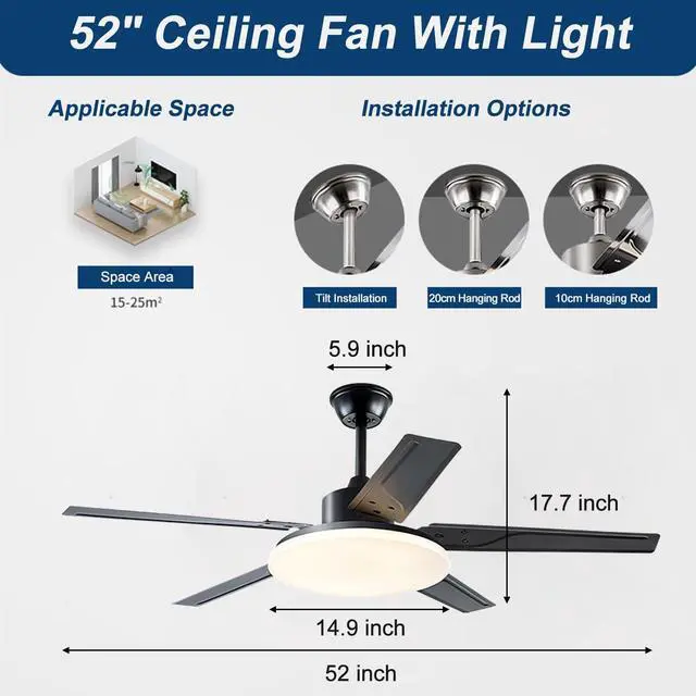 Alt view image 3 of 7 - 52 inch Stainless steel Ceiling Fans with Lights Industrial Ceiling Fan with Lights and Remote, 3CCT, Quiet Reversible DC Motor, 6 Speeds, Timer, Ceiling Fan for Bedroom, Indoor/Outdoor Use