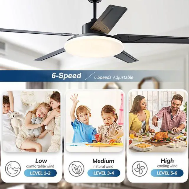 Alt view image 5 of 7 - 52 inch Stainless steel Ceiling Fans with Lights Industrial Ceiling Fan with Lights and Remote, 3CCT, Quiet Reversible DC Motor, 6 Speeds, Timer, Ceiling Fan for Bedroom, Indoor/Outdoor Use