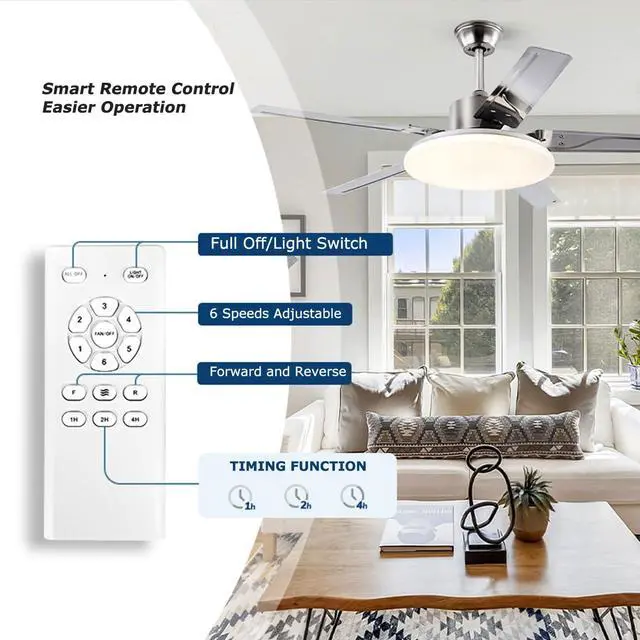 Alt view image 7 of 7 - 52 inch Stainless steel Ceiling Fans with Lights Industrial Ceiling Fan with Lights and Remote, 3CCT, Quiet Reversible DC Motor, 6 Speeds, Timer, Ceiling Fan for Bedroom, Indoor/Outdoor Use