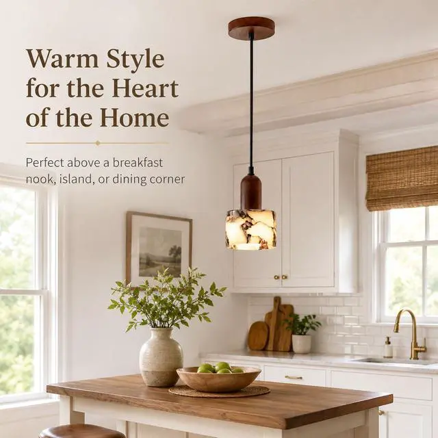 Alt view image 2 of 7 - Natural Marble Pendant Lights, Modern E26 Kitchen Island Pendant Light with Walnut Finish Adjustable Height Marble Ceiling Light Fixtures for Bedroom Bathroom Dining Room Living Room