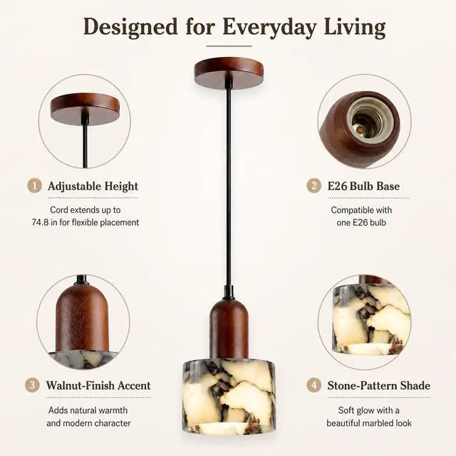 Alt view image 5 of 7 - Natural Marble Pendant Lights, Modern E26 Kitchen Island Pendant Light with Walnut Finish Adjustable Height Marble Ceiling Light Fixtures for Bedroom Bathroom Dining Room Living Room