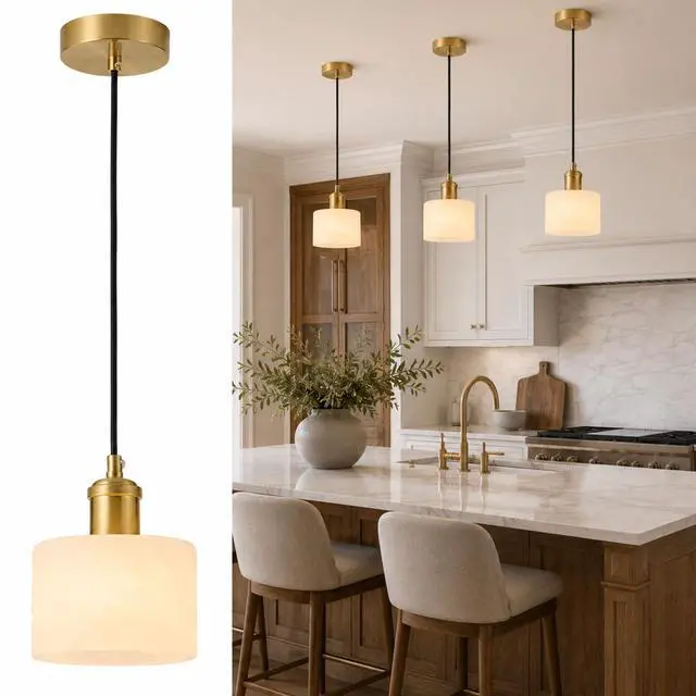Main image of Natural Marble Pendant Lights for Kitchen Island, Gold Brass Modern Pendant Light, Adjustable E26 Hanging Light Fixture, 3-Color Dimmable Chandelier for Bedroom Dining Room Living Room Hallway
