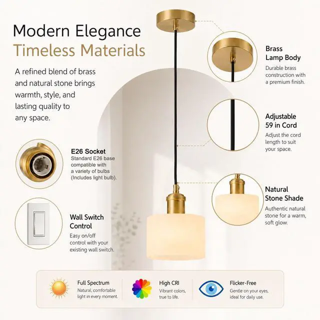 Alt view image 3 of 7 - Natural Marble Pendant Lights for Kitchen Island, Gold Brass Modern Pendant Light, Adjustable E26 Hanging Light Fixture, 3-Color Dimmable Chandelier for Bedroom Dining Room Living Room Hallway