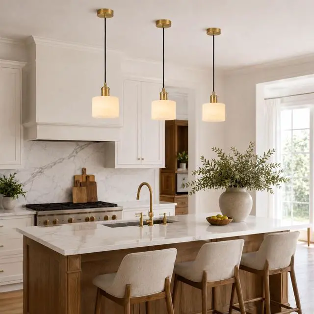 Alt view image 5 of 7 - Natural Marble Pendant Lights for Kitchen Island, Gold Brass Modern Pendant Light, Adjustable E26 Hanging Light Fixture, 3-Color Dimmable Chandelier for Bedroom Dining Room Living Room Hallway