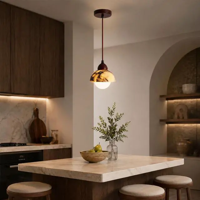 Alt view image 2 of 7 - Natural Stone Pendant Lights with Walnut Wood Trim, 6.3 inch LED Pendant Light, Adjustable Farmhouse Hanging Lamps for Kitchen Island Dining Room Living Room Bedroom Cafe