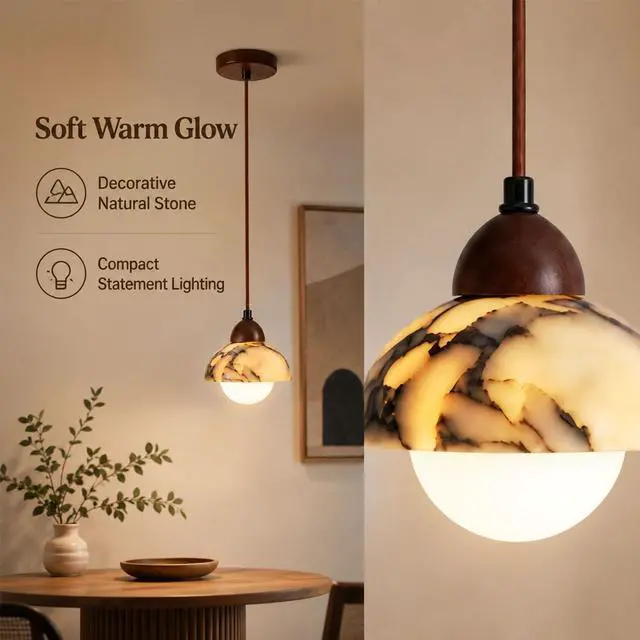 Alt view image 3 of 7 - Natural Stone Pendant Lights with Walnut Wood Trim, 6.3 inch LED Pendant Light, Adjustable Farmhouse Hanging Lamps for Kitchen Island Dining Room Living Room Bedroom Cafe