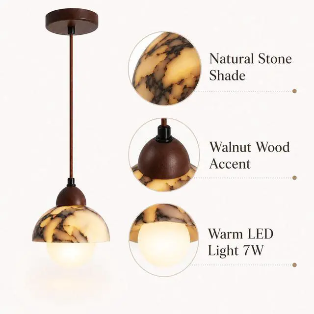 Alt view image 5 of 7 - Natural Stone Pendant Lights with Walnut Wood Trim, 6.3 inch LED Pendant Light, Adjustable Farmhouse Hanging Lamps for Kitchen Island Dining Room Living Room Bedroom Cafe
