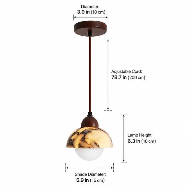 Alt view image 4 of 7 - Natural Stone Pendant Lights with Walnut Wood Trim, 6.3 inch LED Pendant Light, Adjustable Farmhouse Hanging Lamps for Kitchen Island Dining Room Living Room Bedroom Cafe