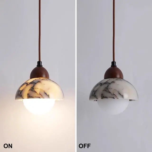 Alt view image 7 of 7 - Natural Stone Pendant Lights with Walnut Wood Trim, 6.3 inch LED Pendant Light, Adjustable Farmhouse Hanging Lamps for Kitchen Island Dining Room Living Room Bedroom Cafe