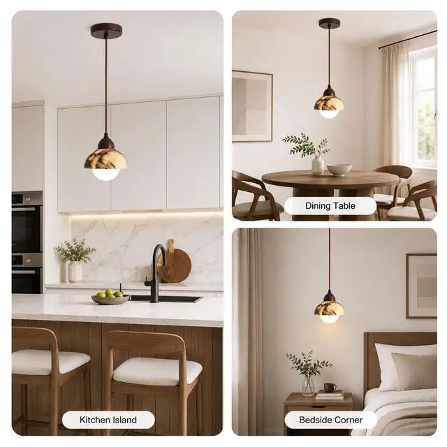 Alt view image 6 of 7 - Natural Stone Pendant Lights with Walnut Wood Trim, 6.3 inch LED Pendant Light, Adjustable Farmhouse Hanging Lamps for Kitchen Island Dining Room Living Room Bedroom Cafe