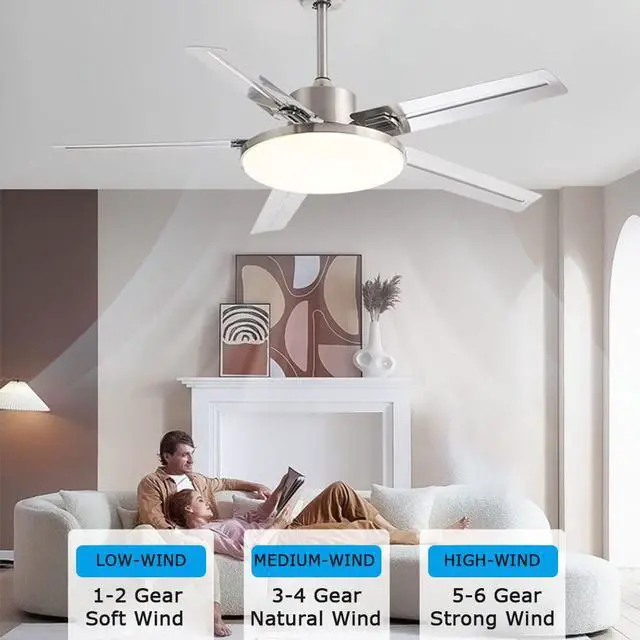 Alt view image 5 of 7 - 52 Inch with Remote Ceiling Fan with Lights Modern Stainless Steel 5-Blade Ceiling Fan Light Mute Dimmable Ceiling Fan for Bedroom Ceiling-Mounted Outdoor Ceiling Fans