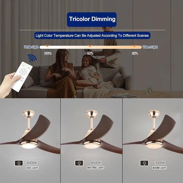 Alt view image 4 of 7 - 52 Modern Ceiling Fans with Lights Indoor/Outdoor Ceiling Fans with Lights and Remote 3CCT, 6 Speed Reversible DC Motor, Reversible Blades, for Patio Bedroom Outdoor/Indoor