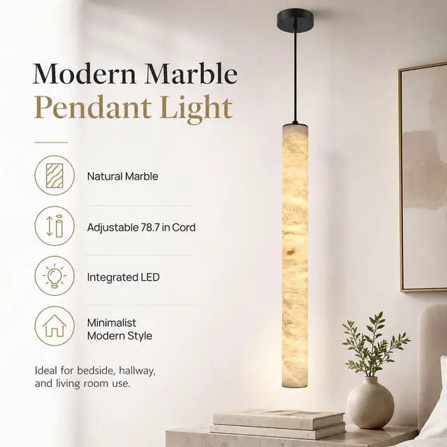 Alt view image 2 of 7 - Natural Alabaster Pendant Lights, 11.8" Marble Pendant Light Cylinder LED Modern Kitchen Island Hanging Lamp for Bedroom Dining Room Table Living Room Hallway
