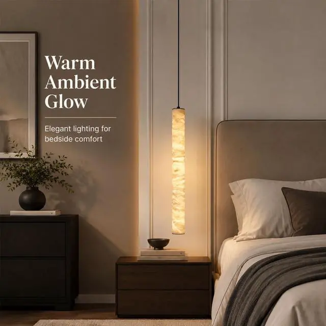 Alt view image 3 of 7 - Natural Alabaster Pendant Lights, 11.8" Marble Pendant Light Cylinder LED Modern Kitchen Island Hanging Lamp for Bedroom Dining Room Table Living Room Hallway