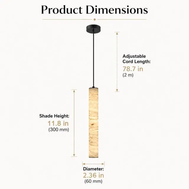 Alt view image 4 of 7 - Natural Alabaster Pendant Lights, 11.8" Marble Pendant Light Cylinder LED Modern Kitchen Island Hanging Lamp for Bedroom Dining Room Table Living Room Hallway