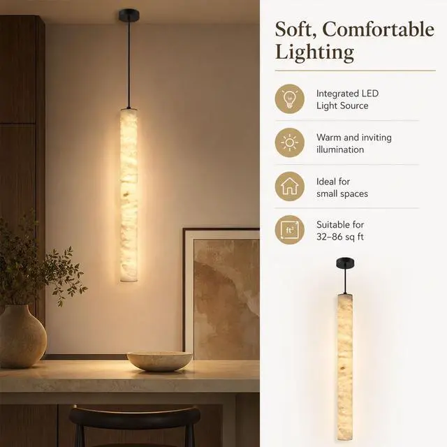 Alt view image 5 of 7 - Natural Alabaster Pendant Lights, 11.8" Marble Pendant Light Cylinder LED Modern Kitchen Island Hanging Lamp for Bedroom Dining Room Table Living Room Hallway