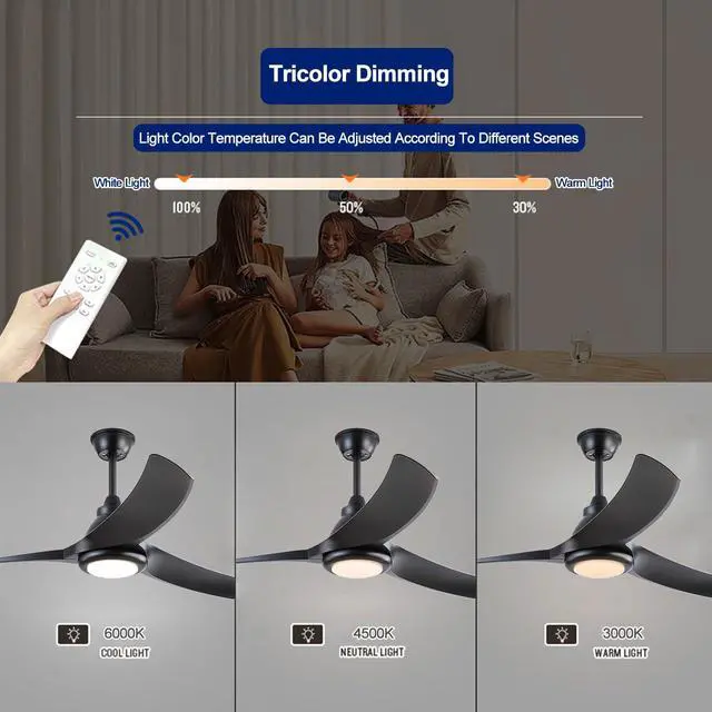Alt view image 4 of 7 - 52 Modern Ceiling Fans with Lights Indoor/Outdoor Ceiling Fans with Lights and Remote 3CCT, 6 Speed Reversible DC Motor, Reversible Blades, for Patio Bedroom Outdoor/Indoor