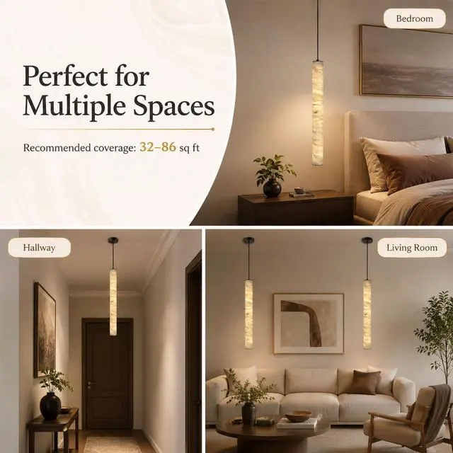 Alt view image 7 of 7 - Natural Alabaster Pendant Lights, 11.8" Marble Pendant Light Cylinder LED Modern Kitchen Island Hanging Lamp for Bedroom Dining Room Table Living Room Hallway