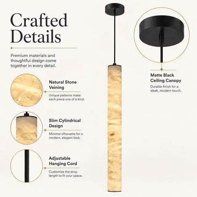 Alt view image 6 of 7 - Natural Alabaster Pendant Lights, 11.8" Marble Pendant Light Cylinder LED Modern Kitchen Island Hanging Lamp for Bedroom Dining Room Table Living Room Hallway
