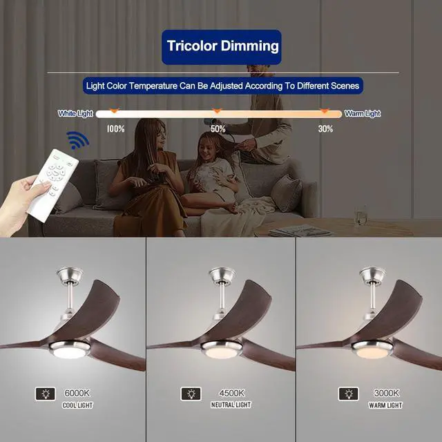 Alt view image 4 of 7 - 52 Modern Ceiling Fans with Lights Indoor/Outdoor Ceiling Fans with Lights and Remote 3CCT, 6 Speed Reversible DC Motor, Reversible Blades, for Patio Bedroom Outdoor/Indoor