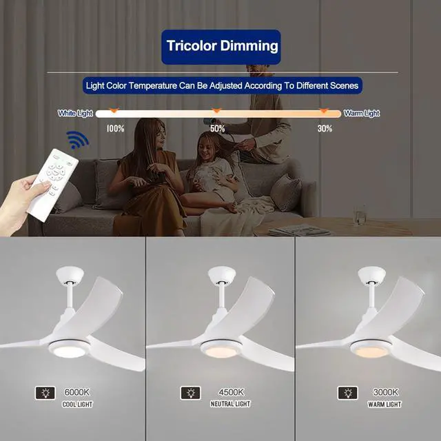 Alt view image 4 of 7 - 52 Modern Ceiling Fans with Lights Indoor/Outdoor Ceiling Fans with Lights and Remote 3CCT, 6 Speed Reversible DC Motor, Reversible Blades, for Patio Bedroom Outdoor/Indoor