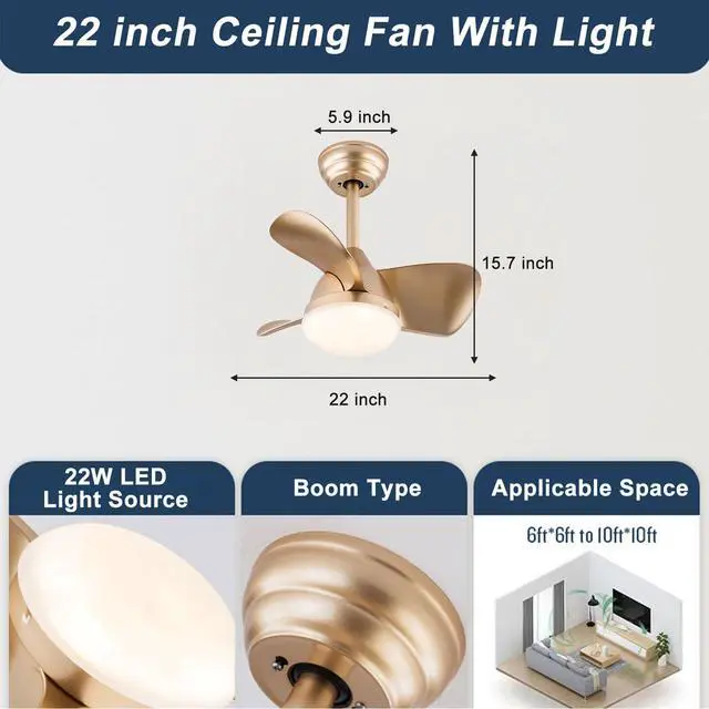 Alt view image 2 of 7 - 22 inch Small Ceiling Fans with Lights Modern Ceiling Fans with Lights and Remote, Dimmable,Reversible, 6 Wind Speeds LED Ceiling Fans for Kitchen Bedroom Dining Room Patio