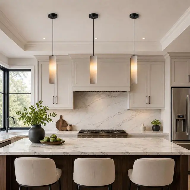 Alt view image 2 of 7 - Natural Alabaster Pendant Light, Marble Long Tube Pendant Light Fixture with Brass Finish, E14 Modern Hanging Ceiling Light for Kitchen Island, Dining Room, Bedroom, Living Room