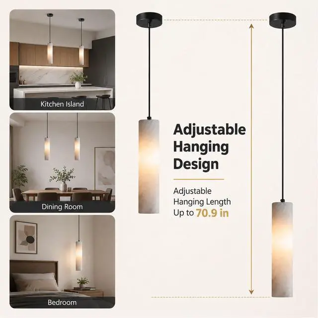 Alt view image 4 of 7 - Natural Alabaster Pendant Light, Marble Long Tube Pendant Light Fixture with Brass Finish, E14 Modern Hanging Ceiling Light for Kitchen Island, Dining Room, Bedroom, Living Room
