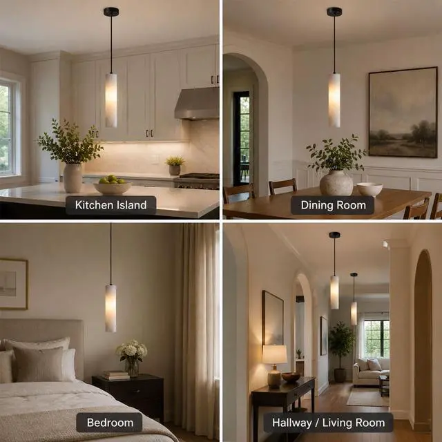 Alt view image 5 of 7 - Natural Alabaster Pendant Light, Marble Long Tube Pendant Light Fixture with Brass Finish, E14 Modern Hanging Ceiling Light for Kitchen Island, Dining Room, Bedroom, Living Room