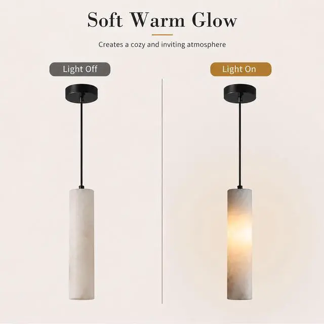 Alt view image 6 of 7 - Natural Alabaster Pendant Light, Marble Long Tube Pendant Light Fixture with Brass Finish, E14 Modern Hanging Ceiling Light for Kitchen Island, Dining Room, Bedroom, Living Room